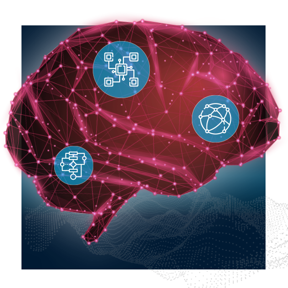 A graphic of a brain with icons. The graphic represents MCP's DatsScape solution to improve computer aided dispatch capabilities.