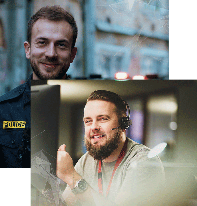 A policeman and a telecommunicator. These photos highlight the importance of effective 911 dispatch software.